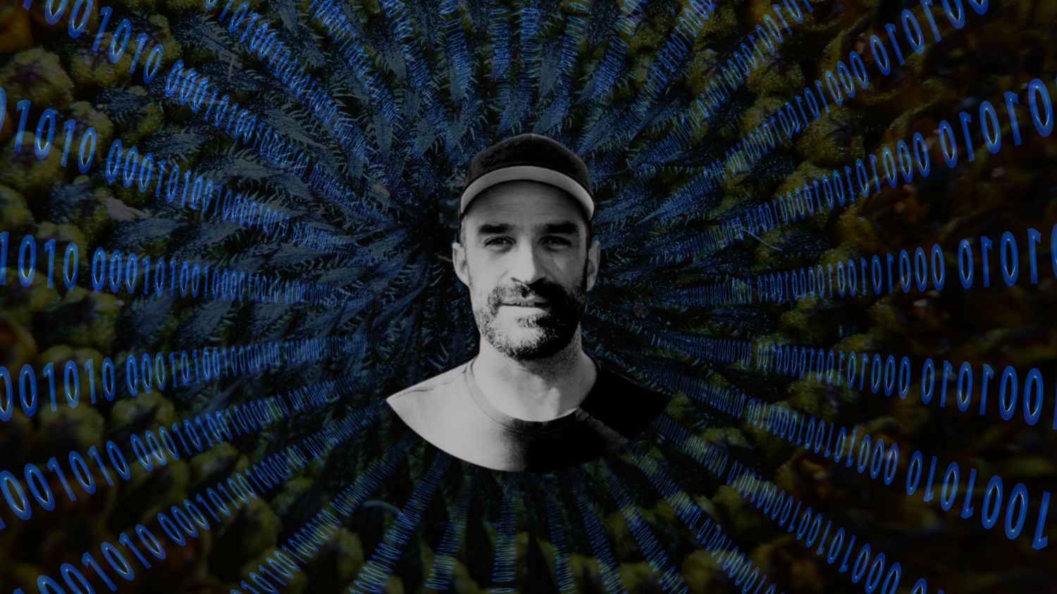 Portrait of Jai inside a tunnel of binary code